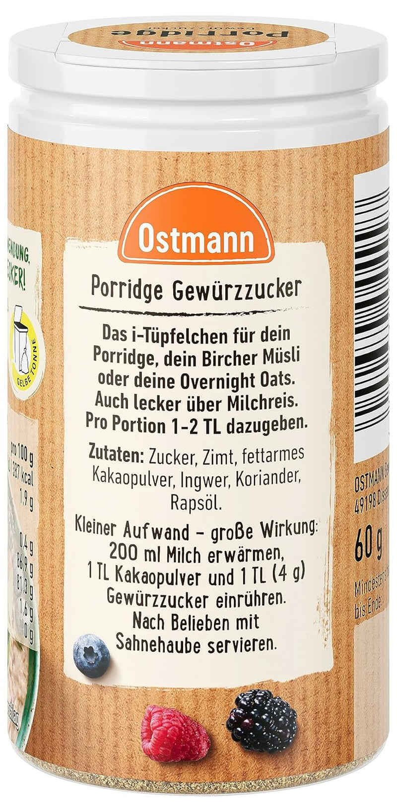 Condimente Ostmann – Zahăr condimentat pentru terci, amestec aromatic cu scorțișoară și cacao, pentru asezonarea fulgilor de ovăz, budincii de orez și a altor specialități dulci, vegan, 60 g (designul ambalajului poate varia)