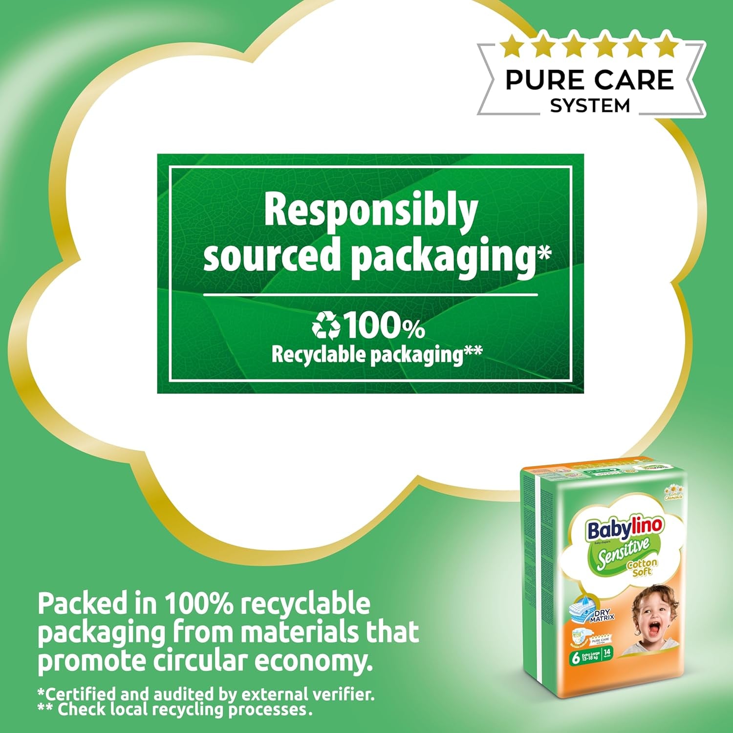 Scutece pentru bebeluși sensibili, mărimea 6, extra mari (13-18 kg), 114 scutece