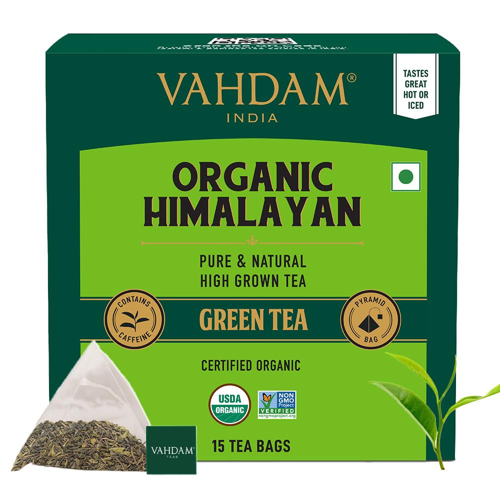 VAHDAM, ceai verde din Himalaya (30 pliculețe de ceai piramidale) 100% pur și aromat | Ceai verde natural cu frunze întregi | Proaspăt și direct de la sursa din India | Se prepară fierbinte sau rece