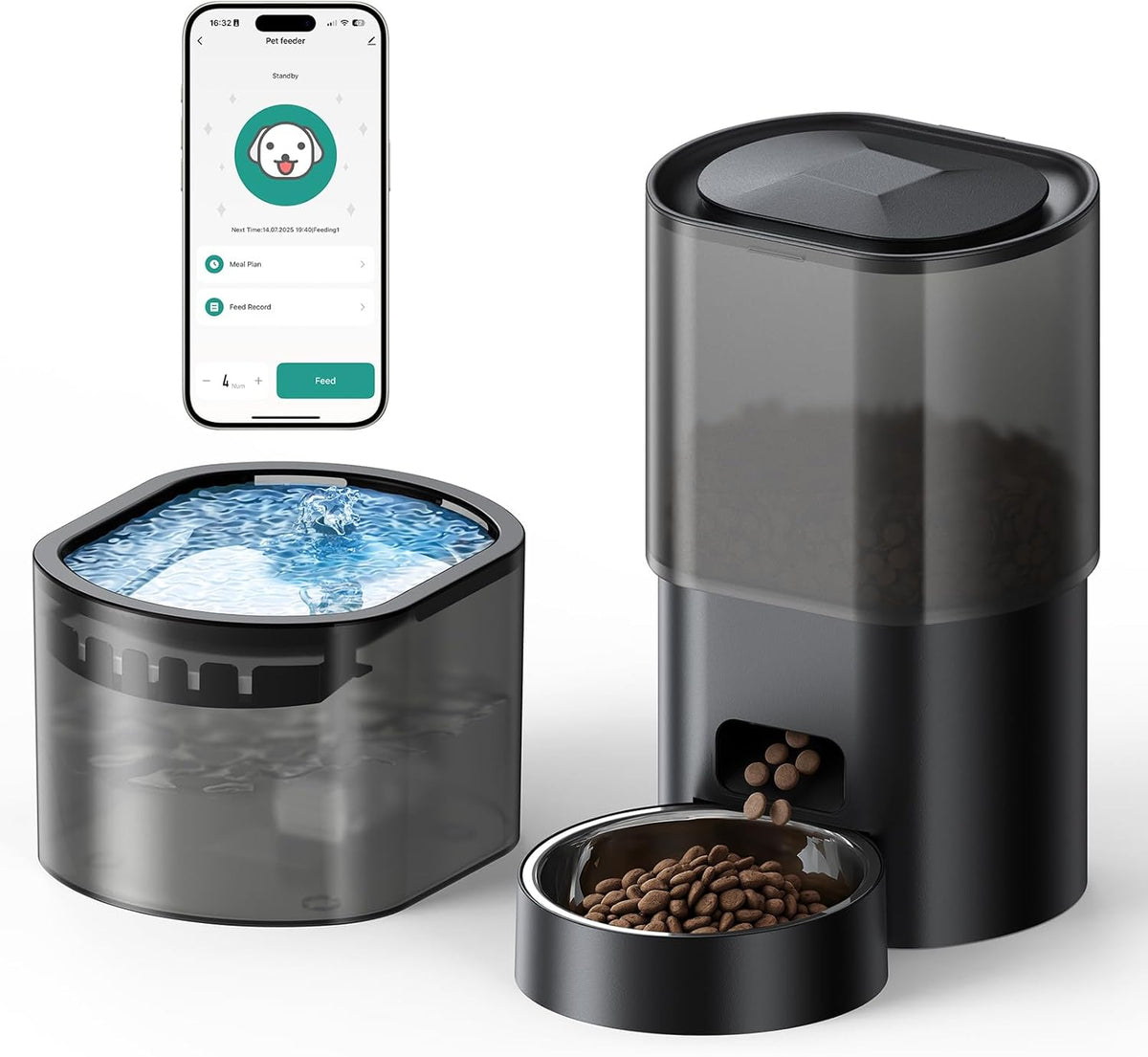 Hrănitor automat pentru pisici de 3 l, set fântână pentru pisici de 2,5 l, dispozitiv de hrănire de la distanță cu zgomot redus, controlat prin aplicație, cu 10 mese pe zi, design anti-blocare, ideal pentru pisici și căței