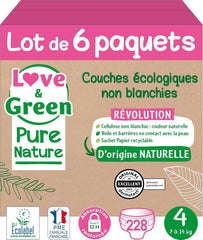 Love Green Nature, scutece ecologice nealbite, fara clor, diverse marimi Mama si Copilul Naty Shop Marimea 4, 7 - 14 kg Set de 6 pachete, 228 scutece total