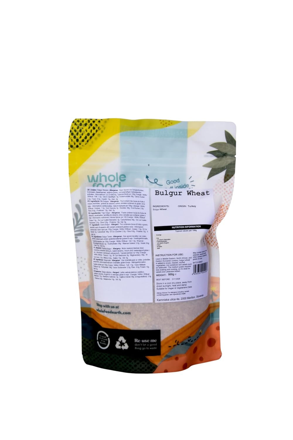 Bulgur din grâu Wholefood Earth - fără OMG - natural - vegan - fără lactate - fără zahăr adăugat, 500g