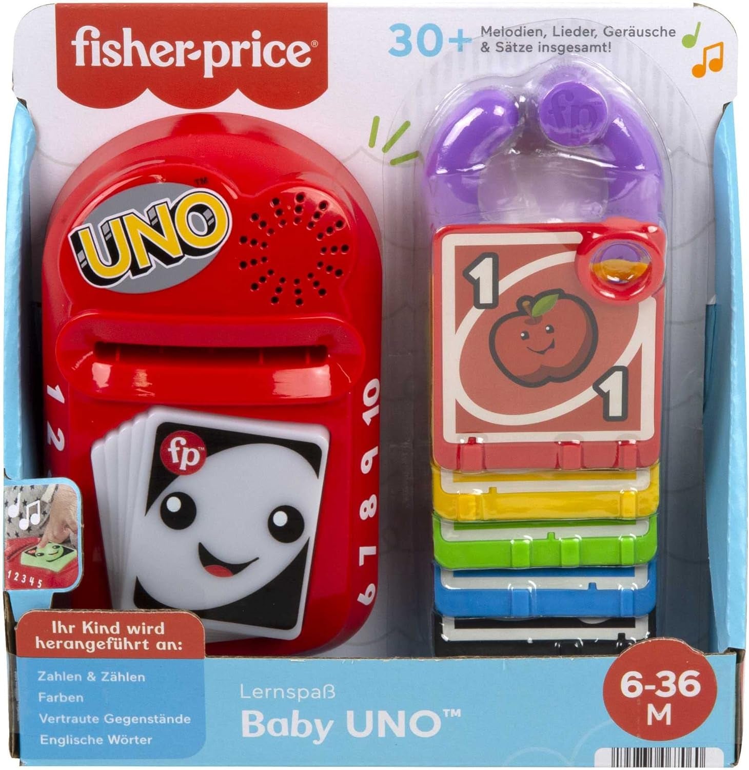 FISHER-PRICE Learning Fun Baby UNO - jucărie electronică de învățare UNO în mărimea copilului, cu lumini amuzante, sunete și muzică, pentru călătorii, biligvă, de la 6 luni / 1 an, HHG91 Jucarii Bebe Naty Shop