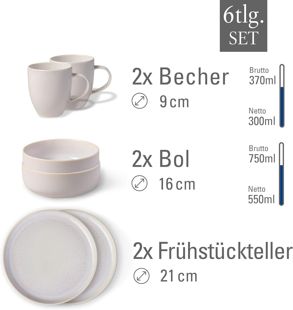 Like. by Villeroy & Boch – Crafted Cotton Frühstücks-Set 6 Teilig Weiß, Spülmaschinenfest, Mikrowellensicher, Geschirr Set, Geschirrset, Service Mit Frühstückstellern, Pottery-Look, Premium Porzellan Seturi vesela masa Naty Shop