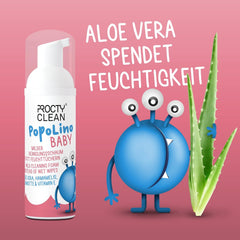 Spumă delicată PopoLino Baby pentru fund, în loc de șervețele umede pentru bebeluși. Spumă de curățare cosmetică vegană și naturală! Spumă pentru fund cu aloe vera, hamamelis, bergamotă și vitamina E. Face fundurile și mediul înconjurător fericite.