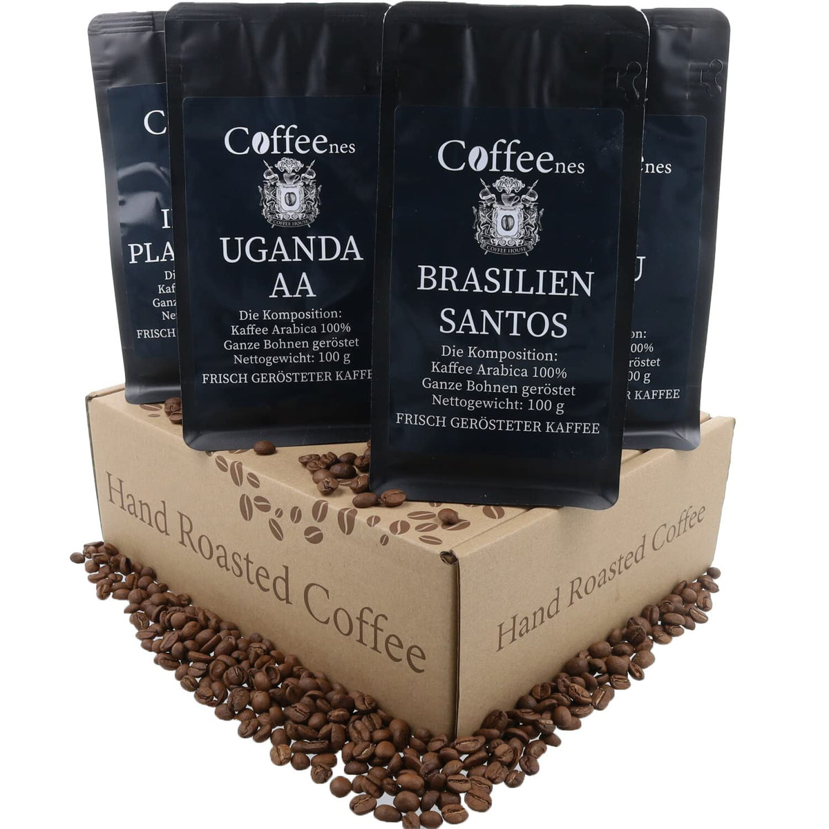 Coffeenes Kaffeebohnen Probierset – Kaffee Geschenk - 6 Sorten ganze Bohnen Arabica aus Brasilien, Peru, Kolumbien, Tansania, Indien, Uganda – 6 x 100g