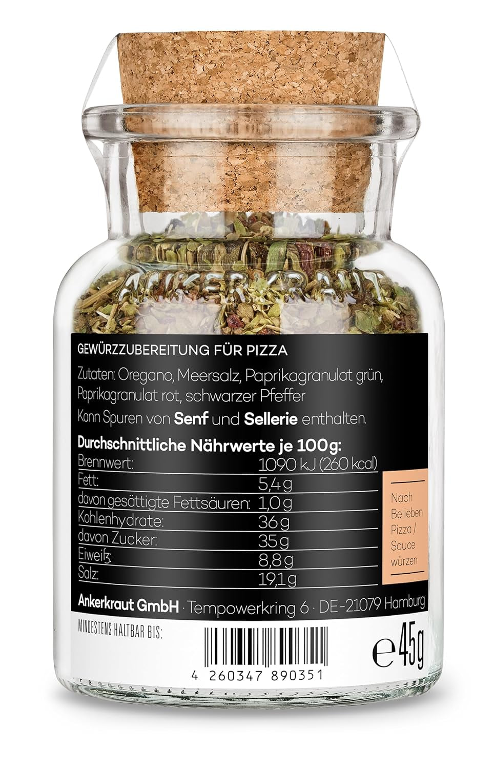 Ankerkraut Pizza, für original italienischen Geschmack, wie aus dem Steinofen, auch für Pasta, Tomate-Mozzarella und viele weitere Gerichte, 45 g im Korkenglas