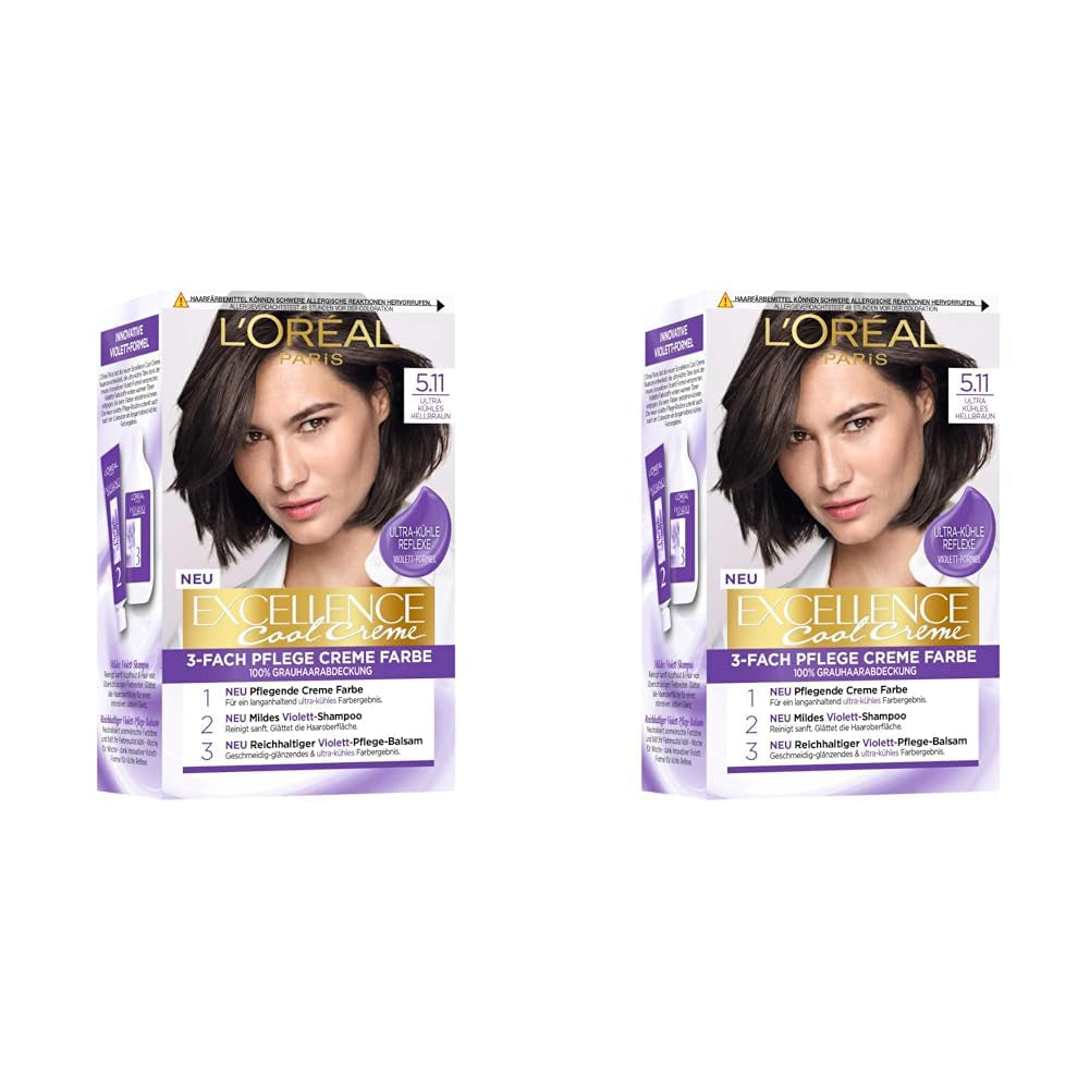 L'Oréal Paris Vopsea de păr permanentă cu rezultat de culoare ultra rece, acoperire 100% a părului gri, set cu colorant, șampon și cremă de îngrijire, Excellence Cool, nr. 5.11 Light Brown (Brown) (pachet de 2) Vopsea pentru par Naty Shop Titlu implicit