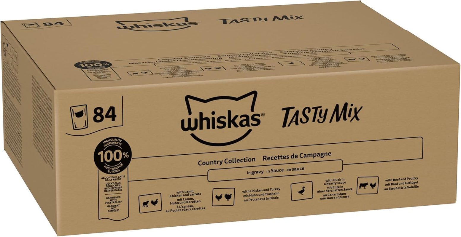 Hrană umedă Whiskas Adult 1+ Colecția Tasty Mix Country în sos, 84 pliculețe, 84 x 85g (1 pachet vrac) – Hrană umedă de înaltă calitate pentru pisici adulte