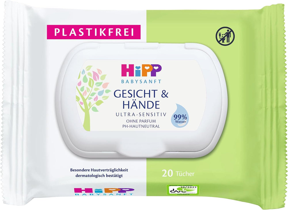 Șervețele umede moi HiPP Baby pentru față și mâini, pachet de 12 (12 x 20 bucăți)