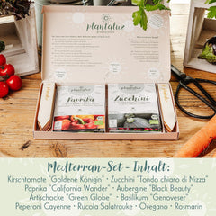 Set de semințe premium organice Plantaluz P04 – Set de semințe mediteraneene pentru legume și plante aromatice cu 10 soiuri pentru grădină, balcon și straturi înalte – incl. bețe de plantare FSC – Semințe organice cu polenizare liberă și fără OMG