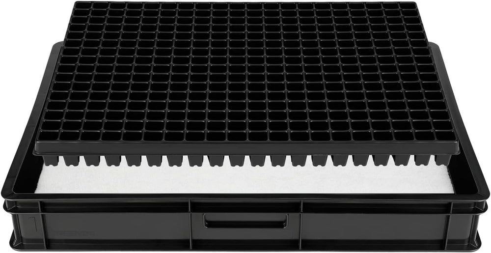 Sistem de propagare GW-285 format din tavă profesională pentru apă GW657, covoraș capilar asortat (absorbție de apă 3L pe mp) și tavă pentru ghivece cu 285 de ghivece (23x23mm, 54mm înălțime) în dimensiune Euro (600 x 400mm)