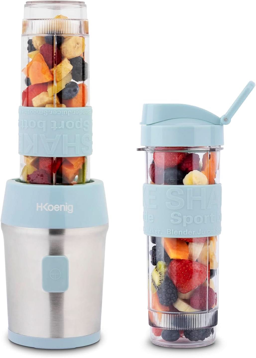 H.Koenig Smoothie Maker SMOO9 - Mini Standmixer - Mini Blender - 300 Watt - 570 Ml - Edelstahl - 2 Kunststofflaschen - Bpa-Frei, Grau Bucatarie Naty Shop Pastellblau