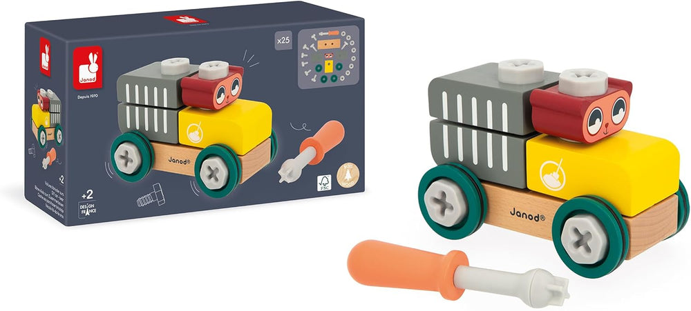 Janod - Mein erstes Konstruktionsspiel - Bären-Bastelauto - 25 Elemente - Rollenspiel - Fördert Geschicklichkeit & Kreativität - Ab 24 Monaten - J06458