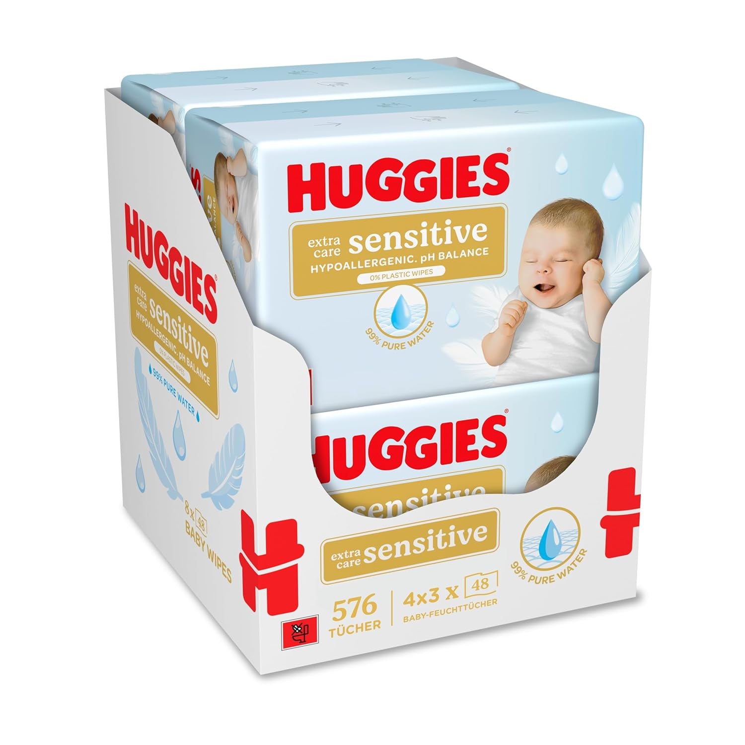 Șervețele umede pentru bebeluși Huggies Pure Extra Care Sensitive, 99% apă, fără plastic, fără parfum