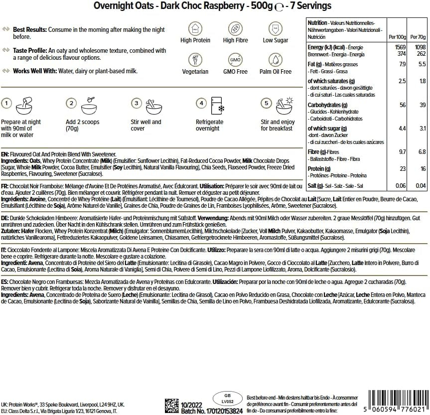 Fulgi de ovăz peste noapte cu proteine | Ciocolată neagră și zmeură | Mic dejun bogat în proteine | Gustare cu conținut scăzut de zahăr | Fulgi de ovăz cu IG scăzut | 500g