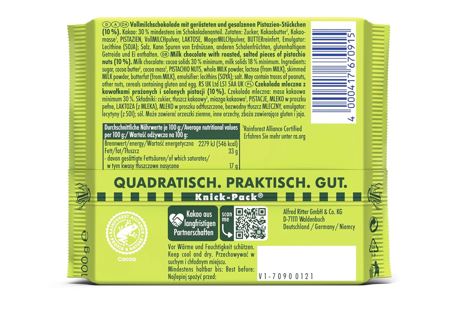 Ritter Sport Fistic, ciocolată cu lapte cu bucățele fine de fistic, un clasic de ciocolată, perfect pentru gustări și savurare, o idee grozavă de cadou, 12 batoane x 100g