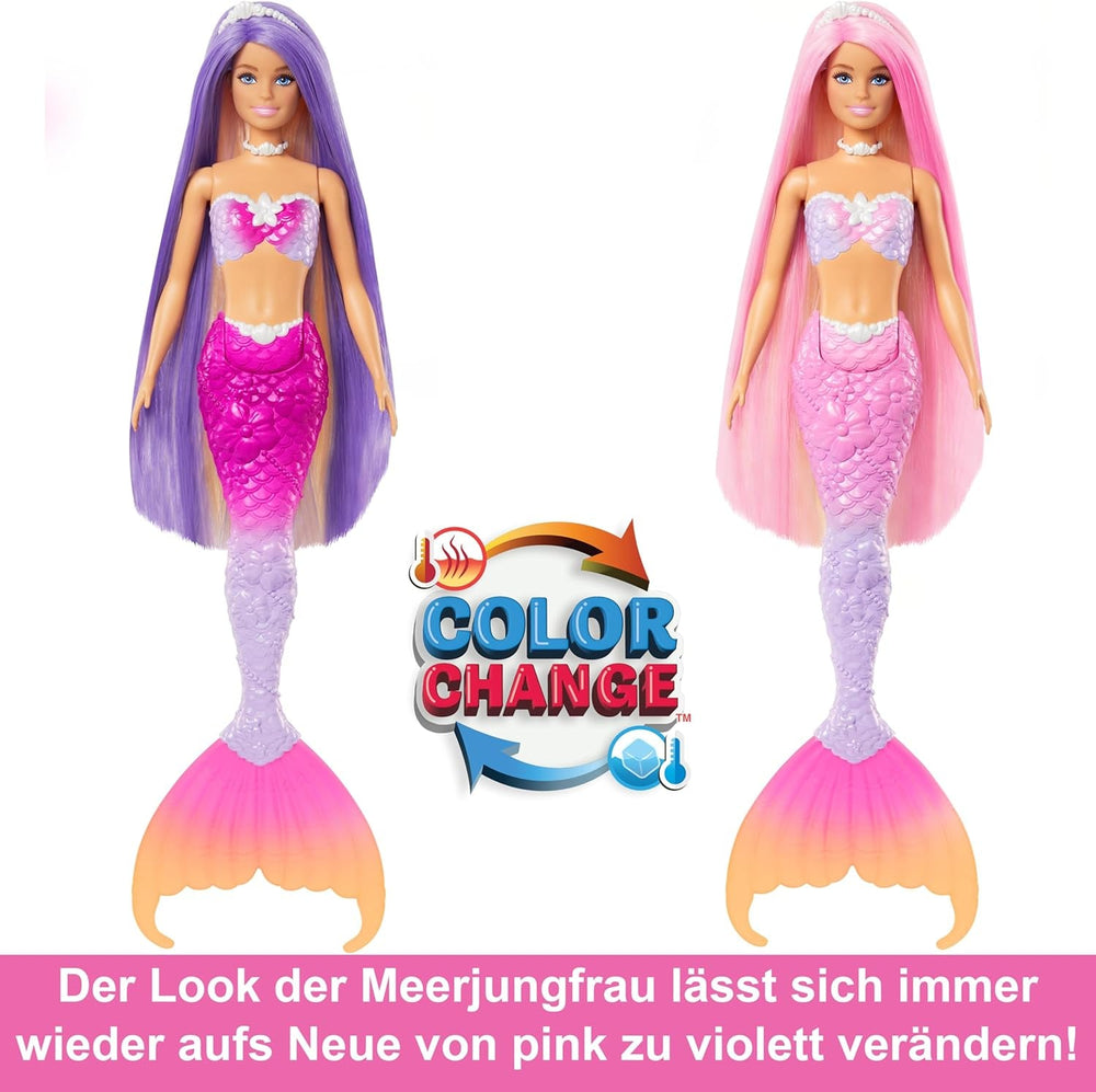 Păpușa Sirenă BARBIE - Inspirată din serialul TV „Barbie: O magie ascunsă”, cu efect de schimbare a culorii și accesorii, păr roz lung de 19 cm pentru coafat, pentru copii cu vârsta de 3 ani și peste, HRP97