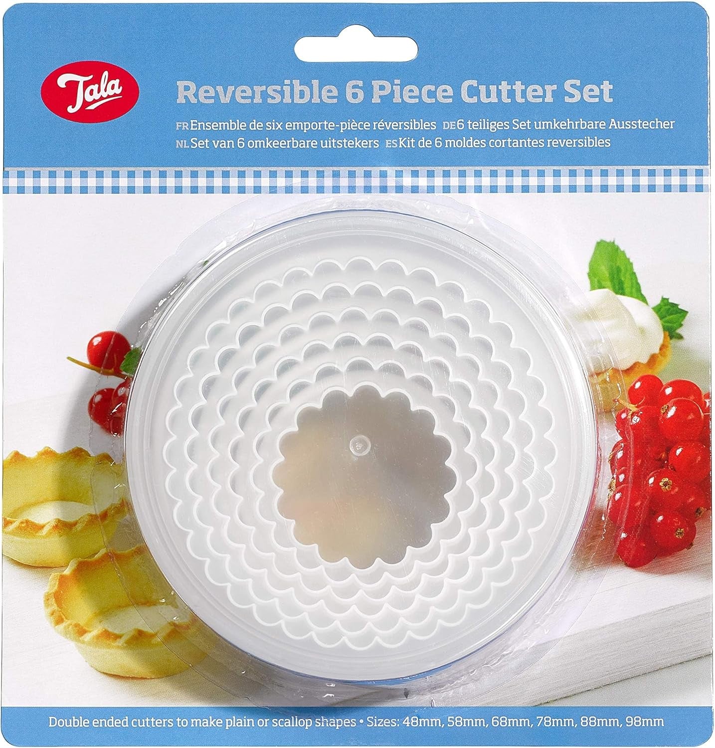 Set de 6 forme rotunde reversibile Tala pentru biscuiți, forme pentru biscuiți cu margini netede și striate, plastic fără BPA, pentru aluat, fondant și marțipan, 48 până la 98 mm