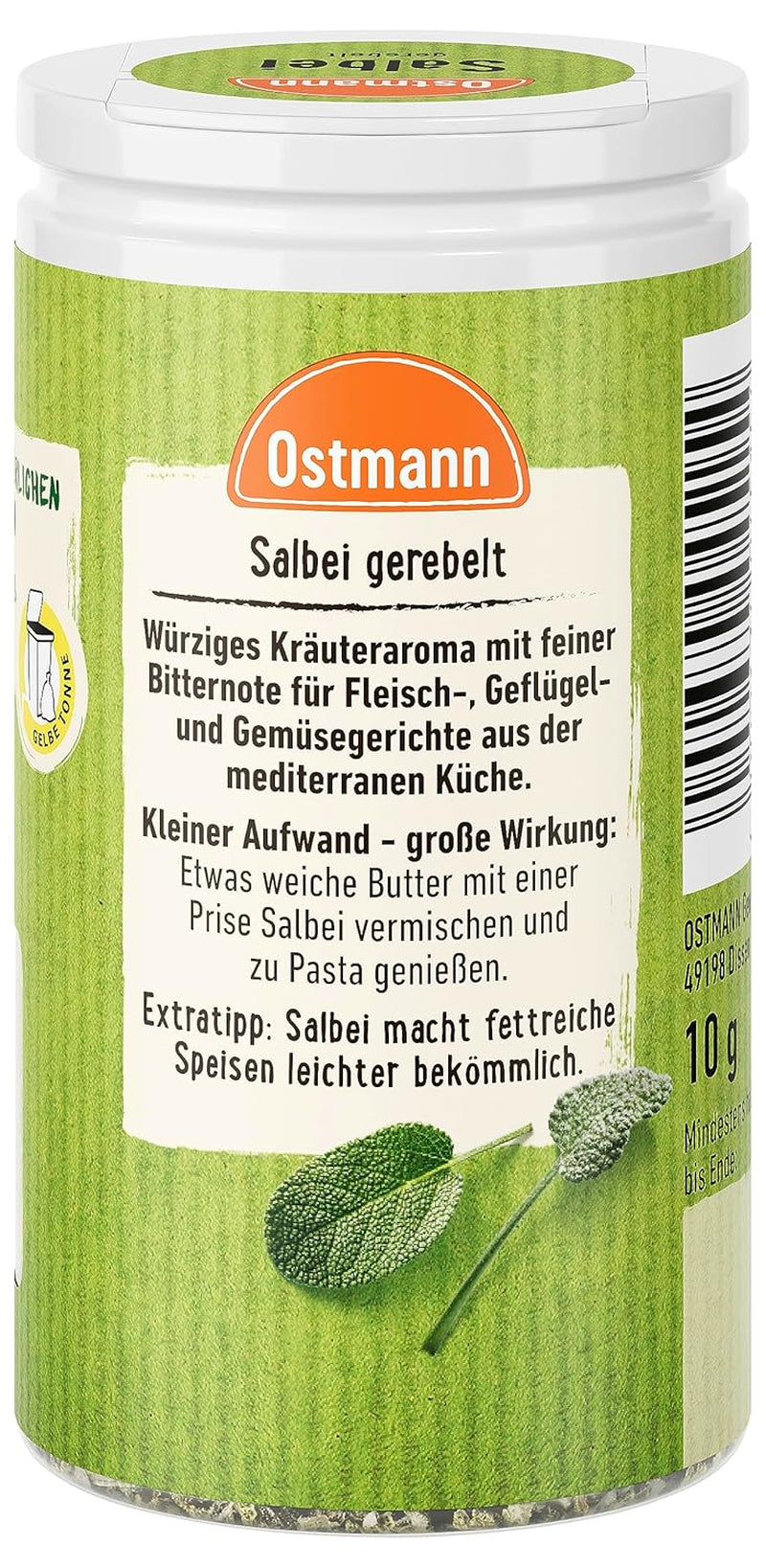 Ostmann Gewürze - Salbei gerebelt | Würziges Kräuteraroma für Fleisch- und Gemüsegerichte | 10 g in der Dose