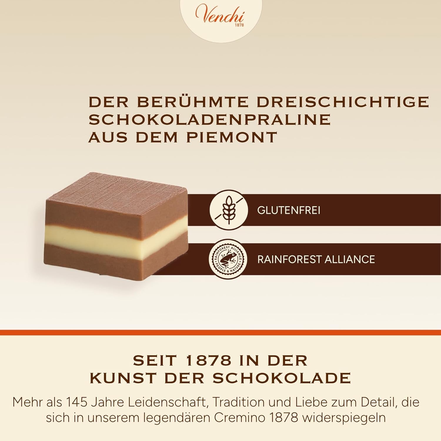 Venchi - Cremini 1878 - Ciocolată cu trei straturi cu gianduja cu lapte și pastă de migdale, „Alune Piemonteze IGP”, 1 kg, fără gluten, fără coloranți și fără conservanți