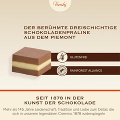 Venchi - Cremini 1878 - Ciocolată cu trei straturi cu gianduja cu lapte și pastă de migdale, „Alune Piemonteze IGP”, 1 kg, fără gluten, fără coloranți și fără conservanți
