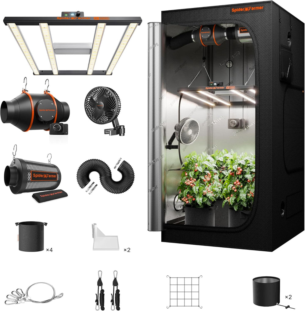 Set complet cort de creștere Spider Farmer SF1000, lampă de creștere LED reglabilă cu spectru complet, diode Samsung LM301H EVO, kit cort de creștere complet 70x70x160cm, set cort de creștere hidroponică, sistem de ventilație