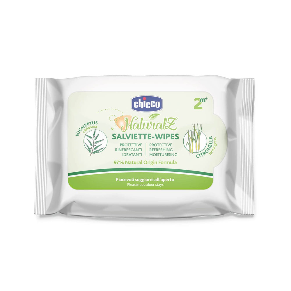 Șervețele umede protectoare Chicco NaturalZ, pachet de 20. Protecție naturală de vară cu lemongrass și eucalipt, protecție zi și noapte.