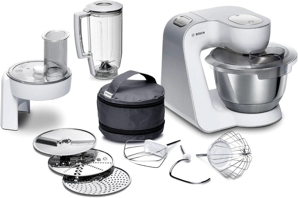 Bosch Küchenmaschine Serie 4 Mum58720,Edelstahl-Schüssel 3,9 L, Mixer 1,25 L, Planetenrührwerk,Knethaken,Schlag,Rührbesen, Durchlaufschnitzler, 3 Scheiben, 1000 W, Dunkelrot/Silber Mama si Copilul Naty Shop Weiß / Silber