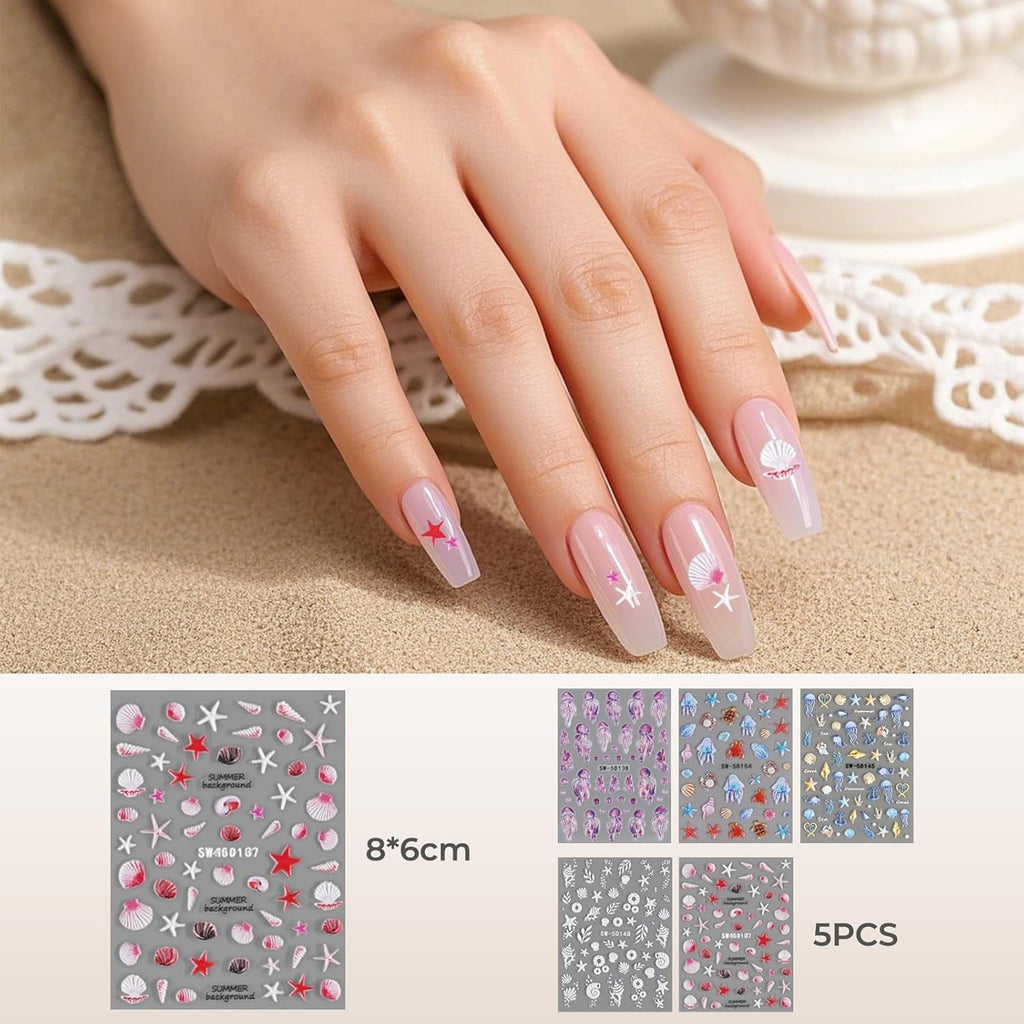 5 buc autocolante pentru unghii 5D în relief, model oceanic, farmece pentru unghii, autocolante pentru unghii de vară oceanică, scoici, animale marine, autocolante drăguțe pentru design de unghii, accesorii pentru design de unghii