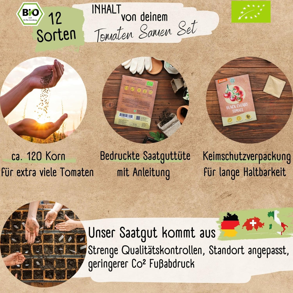 Set de semințe de roșii mini organice: 12 soiuri de roșii cultivate liber | Semințe de roșii cu roșii cocktail rare și de familie, cherry și beefsteak | Semințe de legume pentru balcon, pat înălțat, grădină și cadou | Loveplants