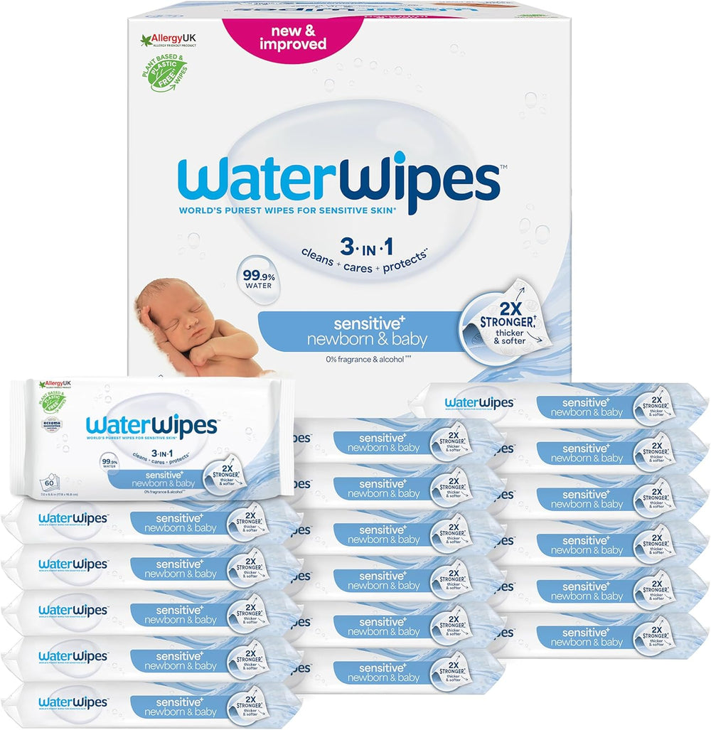 Șervețele umede WaterWipes Sensitive+ pentru nou-născuți și bebeluși, 540 bucăți (9 pachete), curățare, îngrijire, protecție 3 în 1, 99,9% apă, fără parfum