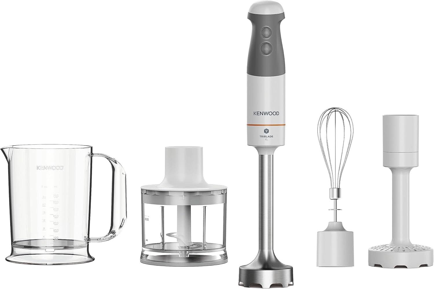 Kenwood Triblade XL Pro Stabmixer HBM80.322BK, 1200W, Variable Geschwindigkeiten, Edelstahl(Pürierfuß), Schneebesen, Emulgieraufsatz, 500Ml Zerkleiner, 700 & 250Ml Becher, Spülmaschinenfeste Teile Bucatarie Naty Shop Weiß/Grau Hbm40.306Wh