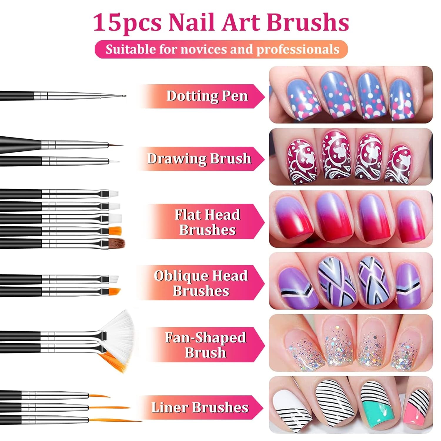 Nail Art Pinsel Und Dekorationen Set,Nail Art Dekoration Zubehör Set,15 Pcs Pinsel,5 Blätter Nagelsticker,5 Pcs Dotted Pen,Strasssteine Nägel,Ultra Dünn Nagel Pailletten Für Nagelkunst Maniküre
