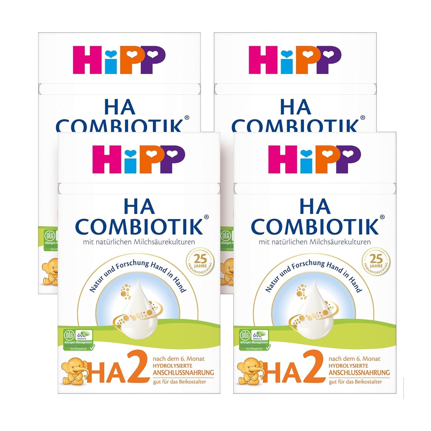 HiPP HA 2 Combiotik (4 x 600g) - Formulă de continuare după 6 luni, cu culturi naturale de acid lactic, fibre alimentare valoroase (GOS), Omega-3, proteine hidrolizate pentru sisteme imunitare sensibile