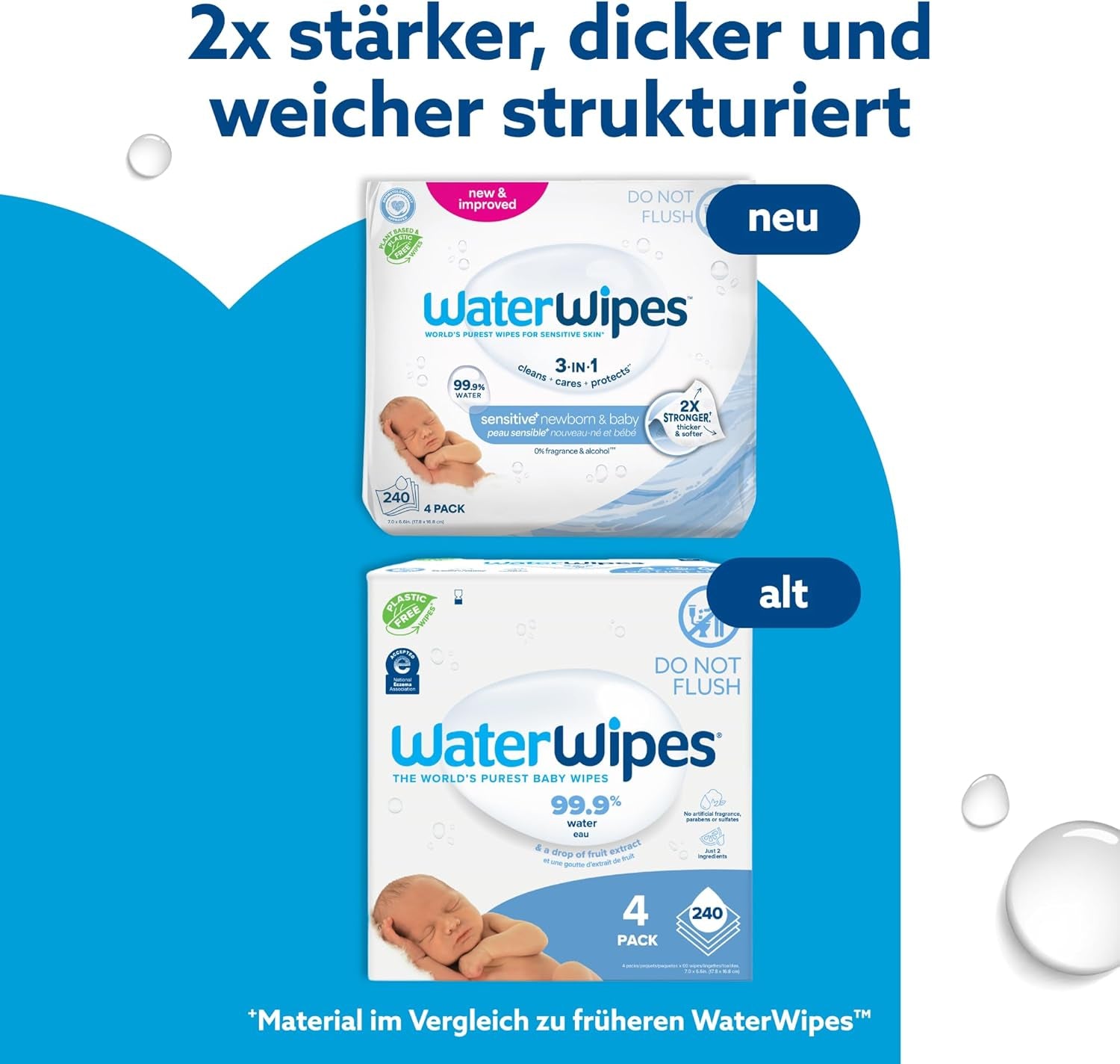 Șervețele umede WaterWipes Sensitive+ pentru nou-născuți și bebeluși, 240 bucăți (4 pachete), curățare, îngrijire, protecție 3 în 1, 99,9% apă, fără parfum