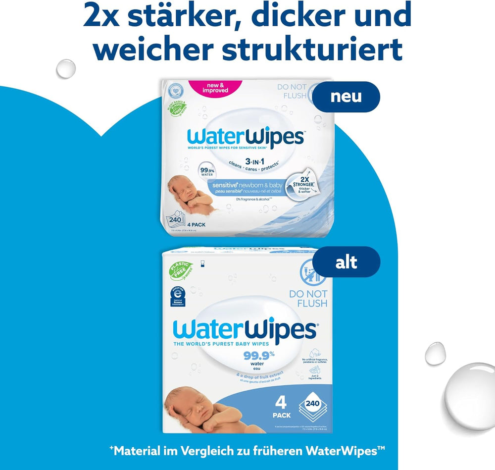Șervețele umede WaterWipes Sensitive+ pentru nou-născuți și bebeluși, 240 bucăți (4 pachete), curățare, îngrijire, protecție 3 în 1, 99,9% apă, fără parfum