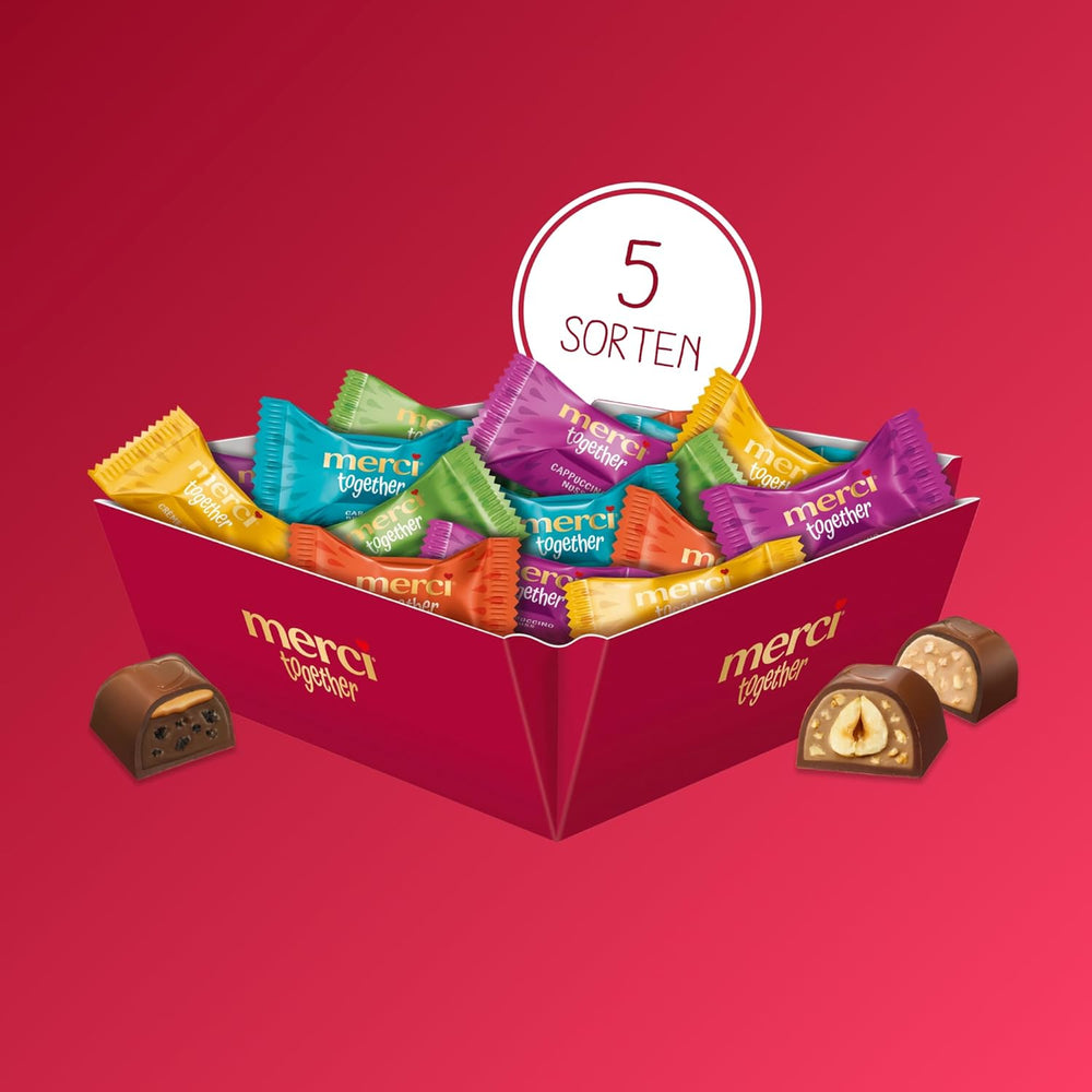 Merci Together – 1 x 175 g – Ciocolate umplute în cinci sortimente cu ciocolată fină cu lapte – Praline de ciocolată pentru a fi împărțite și oferite cadou