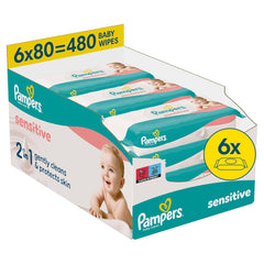 Șervețele umede Pampers Sensitive, 6 pachete a câte 80 de șervețele = 480 de șervețele, fără parfum, pentru o curățare delicată și delicată