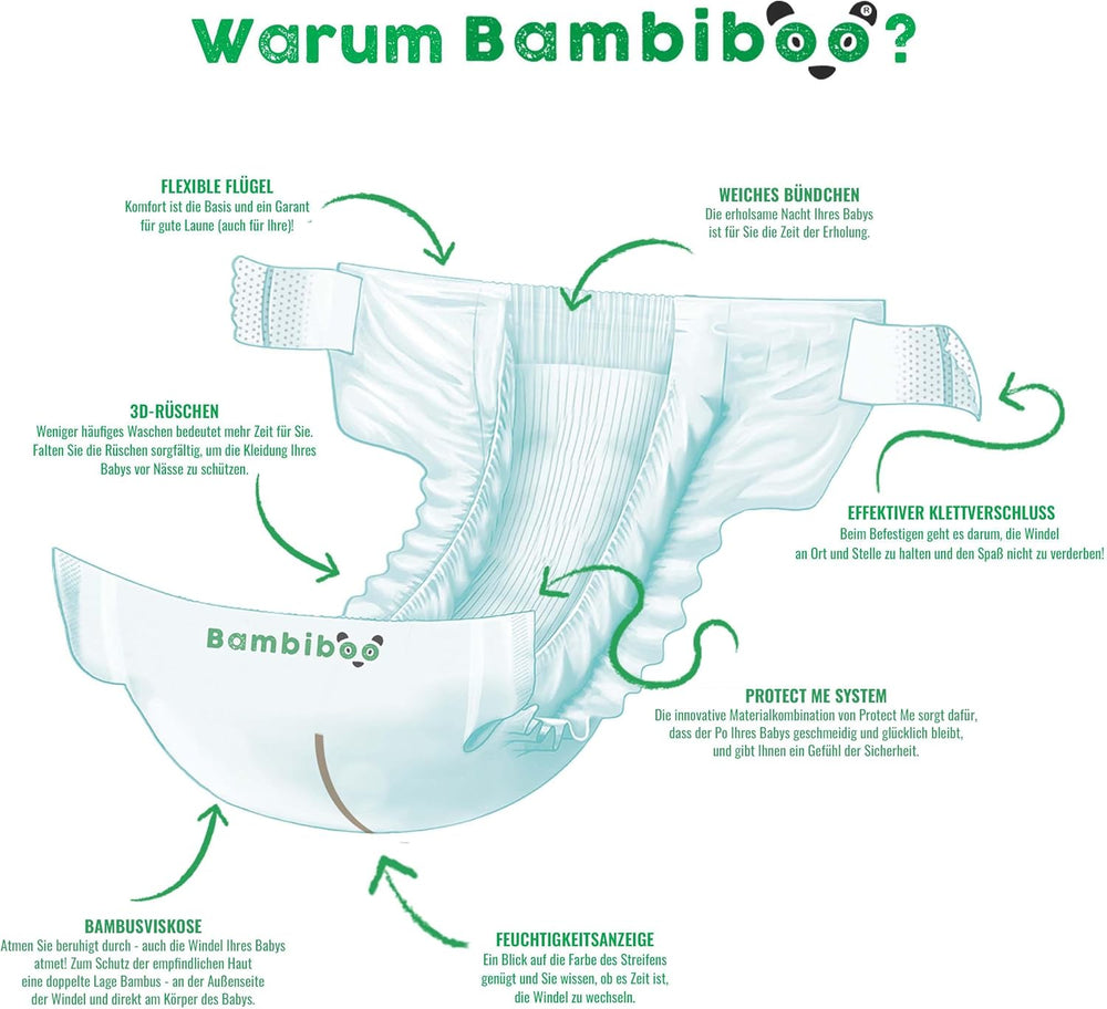 Scutece mini de unică folosință Bambiboo, prietenoase cu pielea, cu fibră moale de bambus și deschidere ombilicală - Scutece pentru nou-născuți - Scutece de unică folosință pentru nou-născuți - Protecție a pielii - Mărimea 2, 25 bucăți