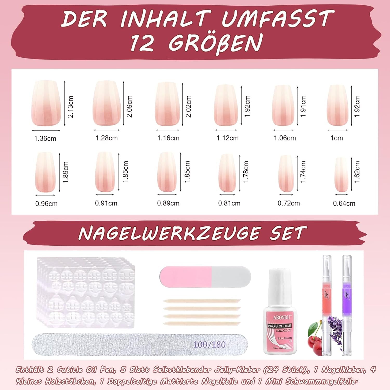 Set 360 de bucăți de unghii false cu balerină în gradient, unghii artificiale cu gradient roz și alb pentru lipire cu 2 bucăți de stilouri cu ulei pentru unghii, unghii false medii ombre pentru femei DIY