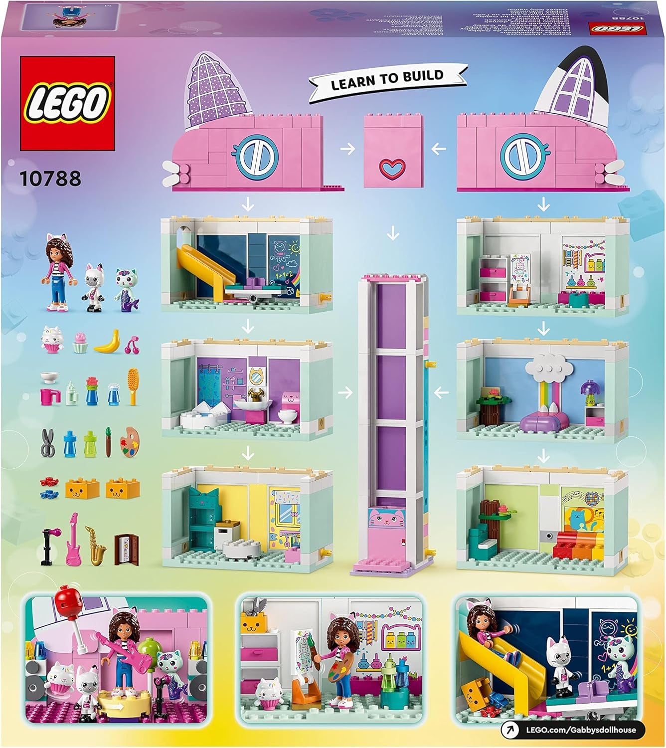 Lego 10788 Gabby's Dollhouse Toy Set, 8 camere și 4 etaje Gabby's Dollhouse Toy cu Pandi, Meerkat, Kuchi Figures și accesorii, cadou pentru fete de la 4 ani, băieți și copii Seturi de constructie Besuche den LEGO-Store