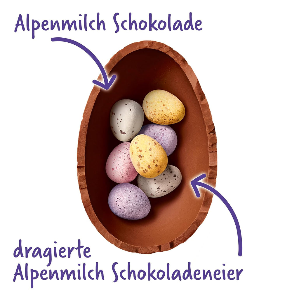 Milka Shake Me Egg – ou de ciocolată umplut cu mini-ouă colorate din ciocolată cu lapte alpină – 97g