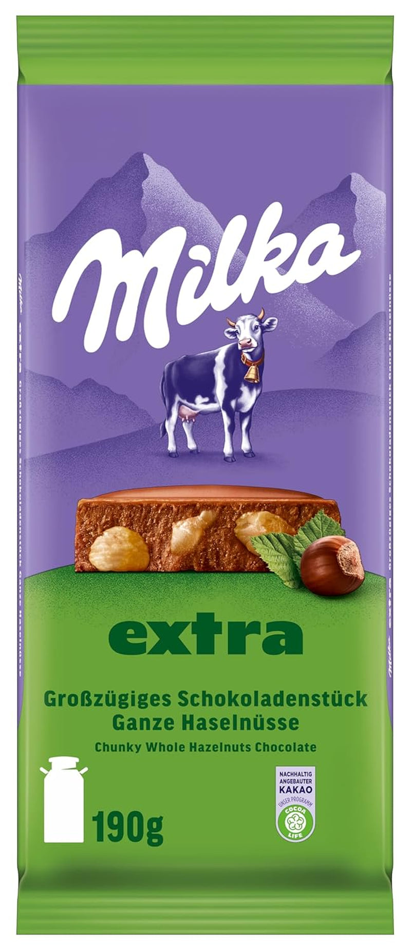 Alune întregi cu ciocolată Milka Extra – Ciocolată cu lapte alpină cu alune întregi crocante – 12 x 190g
