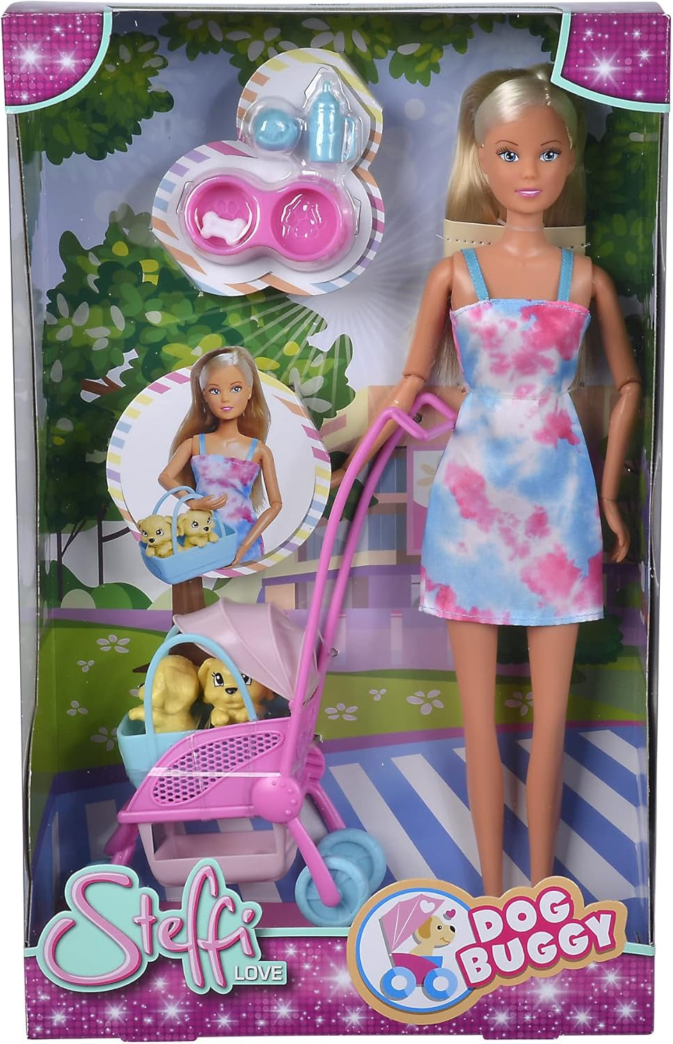 Simba Steffi Love Dog Buggy, Spielpuppe mit dem Hundebuggy und Zwei Hunden in herrausnehmbarer Tragetasche, Hundezubehör, 29cm, ab 3 Jahre