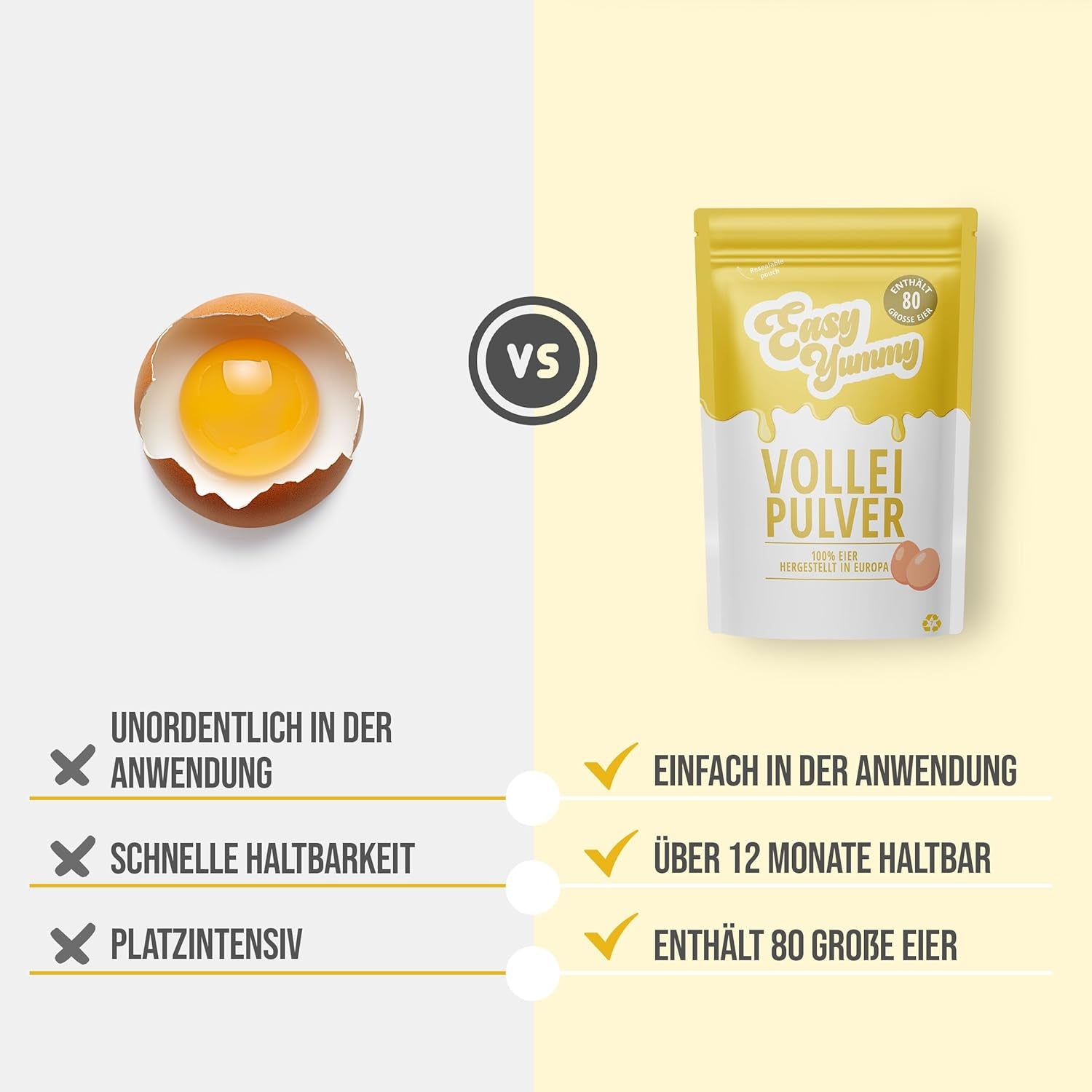 EASY YUMMY - Vollei-Eipulver (1000g = 80 Eier) aus Regionalen Niederländischen Freiland-Eiern | mit 1-Ei-Messlöffel | Wiederverschließbarer Beutel, lange Haltbarkeit | Rührei, Kochen, Backen | 100% Ei