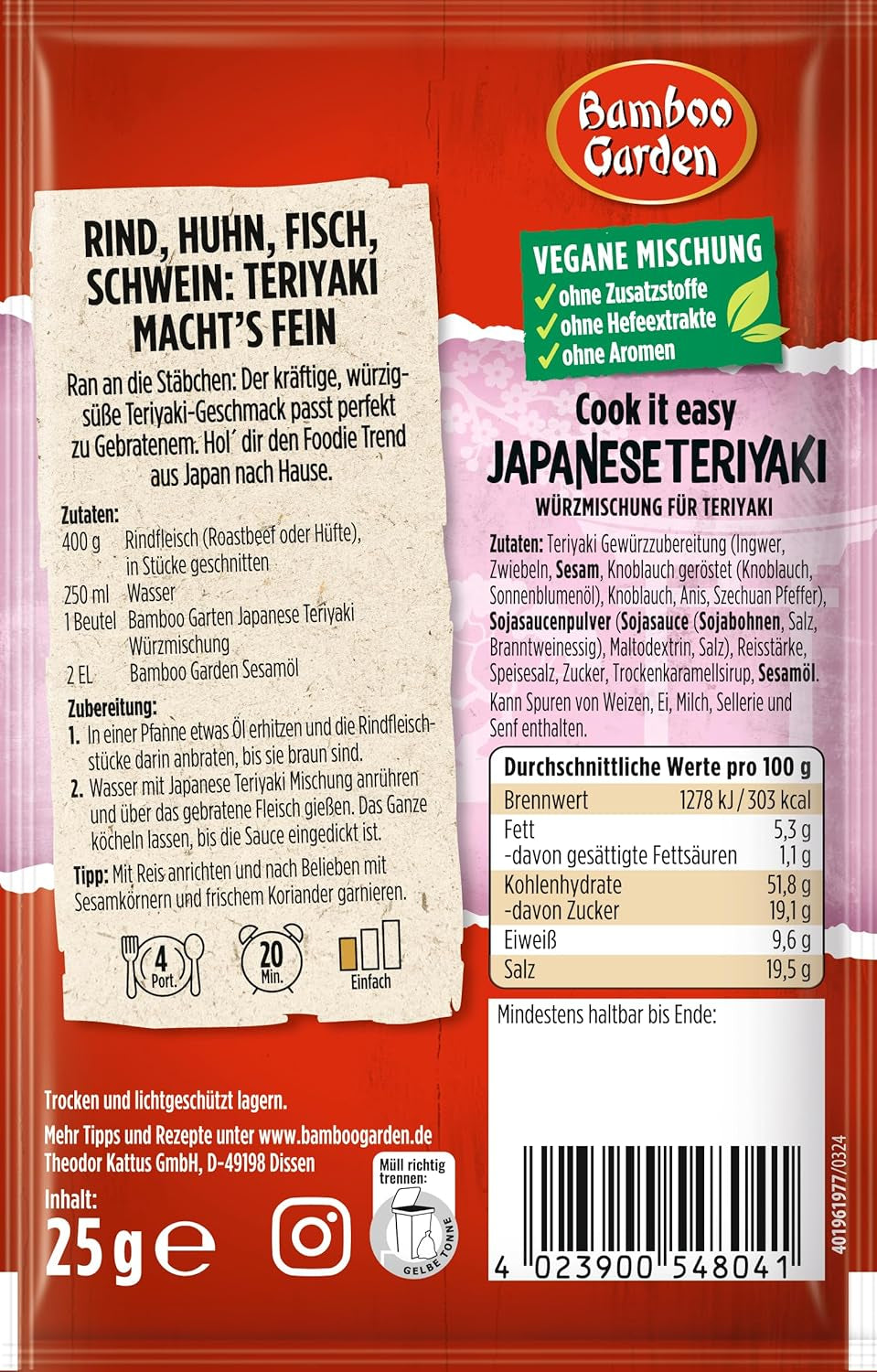 Bamboo Garden - Teriyaki Seasoning Mix , Gewürzmischung für Teriyaki , Für 4 Portionen , Ohne Geschmacksverstärker und Konservierungsstoffe , 1 x 25 g (Verpackungsdesign kann abweichen)