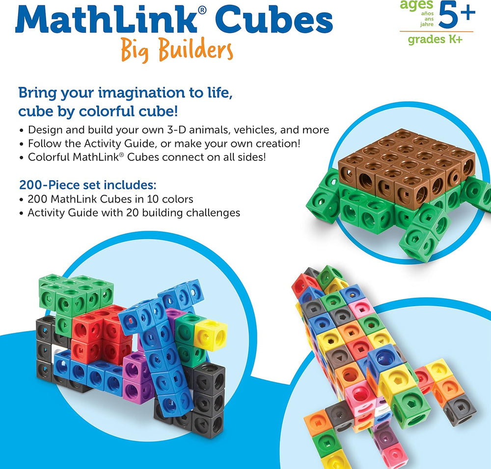 Learning Resources MathLink Steckwürfel Big Builders für Baumeister, ab 5 Jahren, Konstruktionsspielzeug für frühes Mint-Lernen, 200 Teile