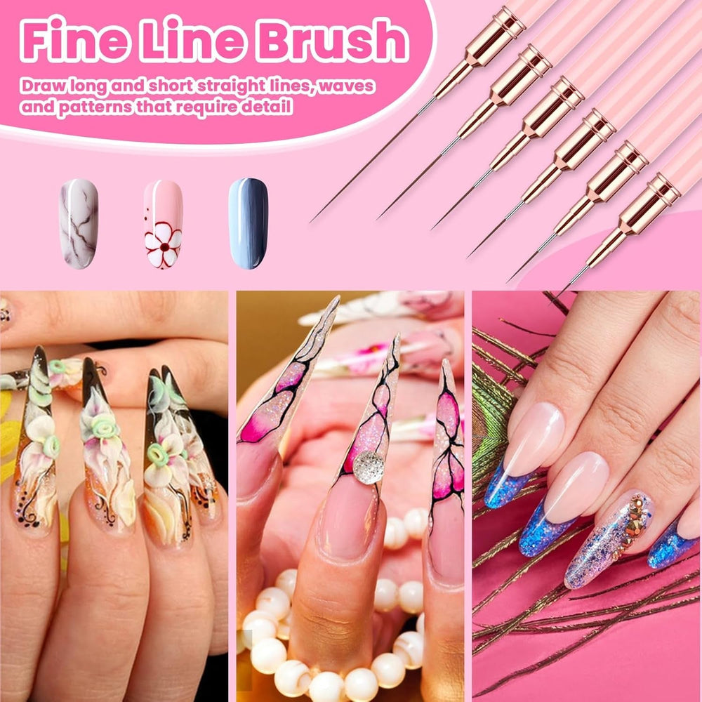 6 Stück Liner Nailart Pinsel Nageldesign Pinsel Set Dünn Acryl Nagelpunkt-Zeichenwerkzeug Nägel Dünne Nagelpinsel Set Für Lange Linien, Dünne Details, Feines Zeichnen 5/7/9/11/15/25 Mm（Rosa）