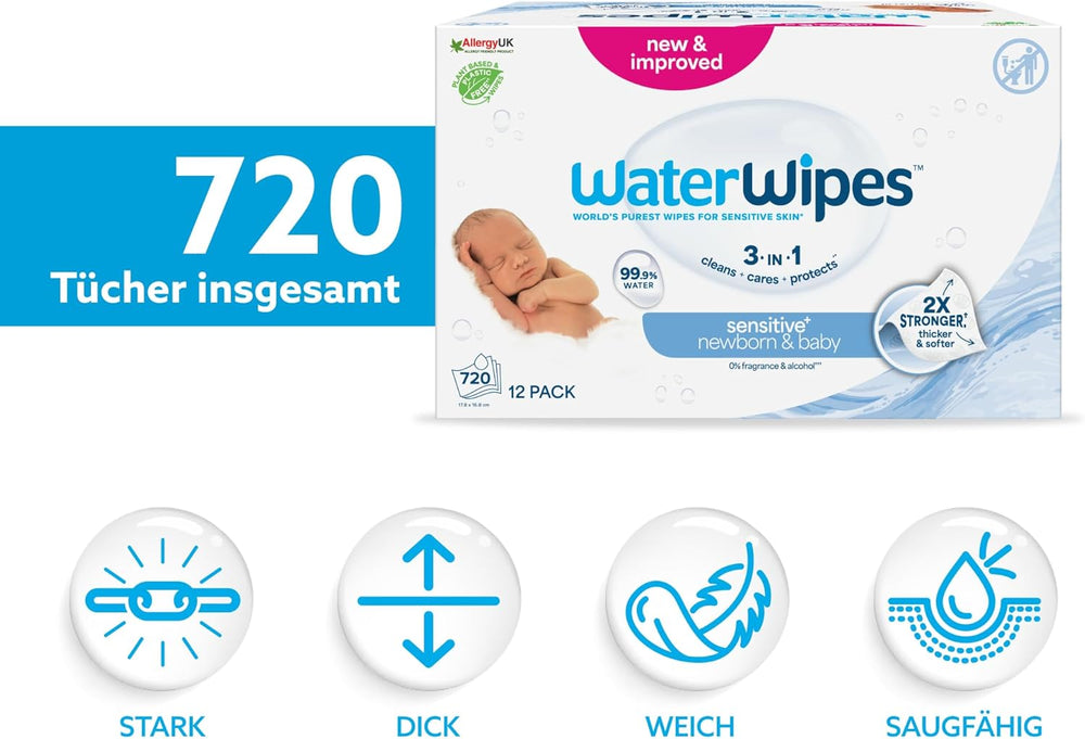 Șervețele umede WaterWipes Sensitive+ pentru nou-născuți și bebeluși, 720 bucăți (12 pachete), curățare, îngrijire, protecție 3 în 1, 99,9% apă, fără parfum